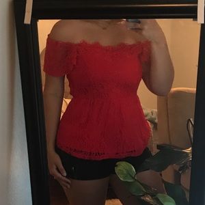 Off the shoulder red peplum top